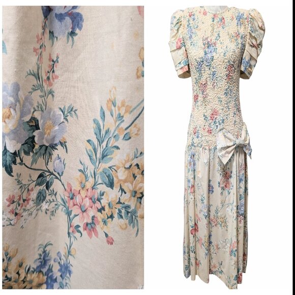 Vintage Phoebe Petites Womens Sz M? Floral Smocked Bow Puff Sleeve Cottage Dress - Picture 1 of 10